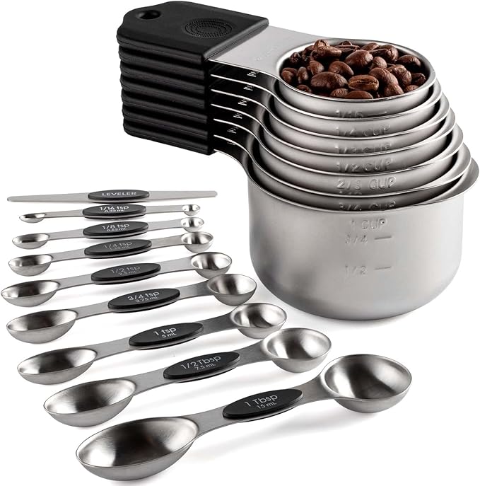 Magnetic Measuring Cups and Spoons Set Stainless Steel Measuring Cup&Spoon | 7 Stackable Measuring Cup 8 Double Sided Magnetic Measuring Spoons with 1 Leveler for Dry and Liquid Ingredients (black) by Turewin