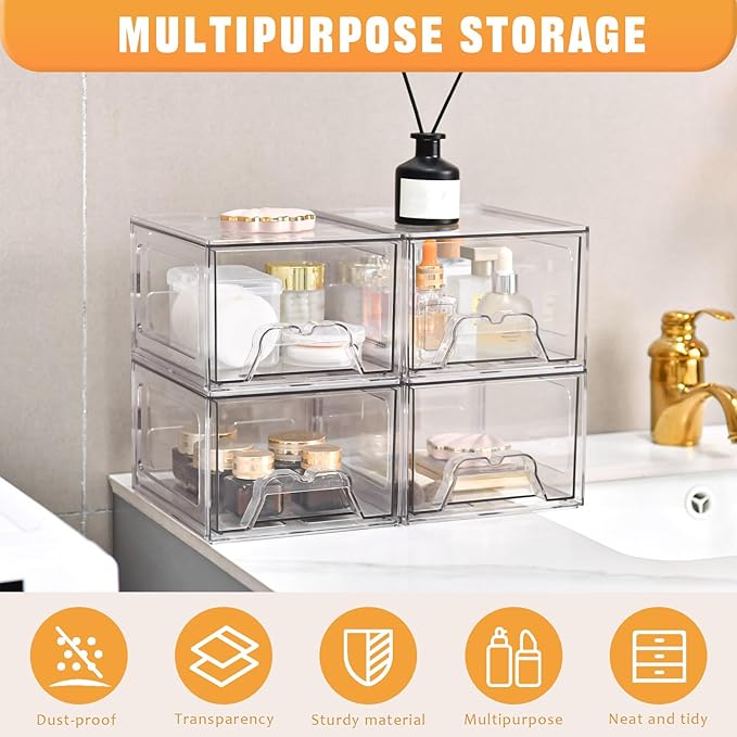 6 Pack Stackable Storage Drawers,Makeup Organizer with Pull-out Drawer | 4.4'' Tall, Acrylic Clear Plastic Storage Bins for Vanity,Pantry,Desk,Undersink,Kitchen,Bathroom - Image 4