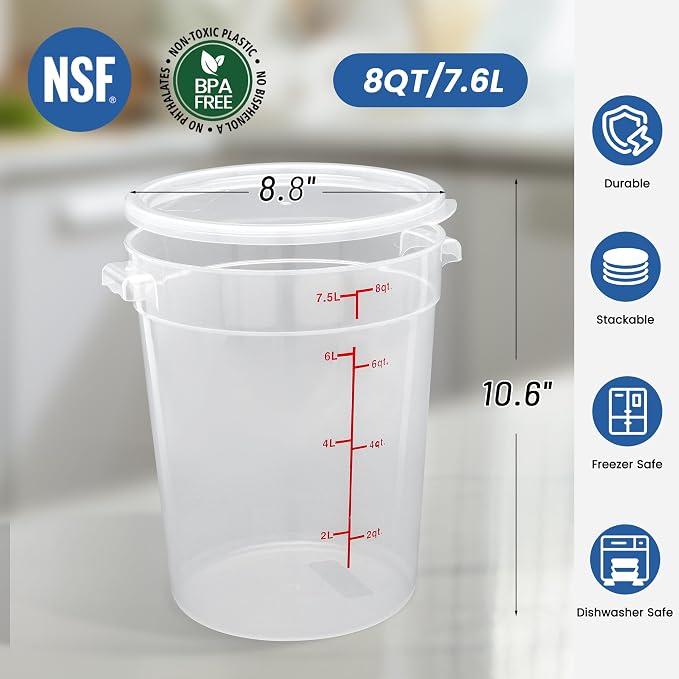4 Pack 8QT Round Food Storage Containers with Lids | NSF, BPA-free PP containers with scale, label and measuring cup, stackable for prep, storage, freezer. Dishwasher safe - Image 2