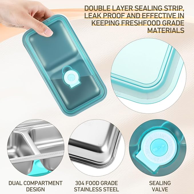 12 Pack Stainless Steel Snack Containers Snackle Container Box with 3 Colors Leakproof Lids Reusable 2 Compartment Stackable Lunch Box for Work Travel Party Beach Picnic Outdoor Portion Control Meal - Image 4