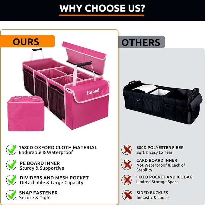 Collapsible Trunk Organizer with Insulated Leakproof Cooler Bag,Removable Lid,Adjustable Securing Straps,3 Compartments Trunk Organizer for SUV,Truck,Sedan(Pink) - Image 6