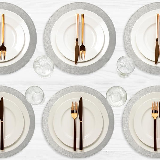 Placemats Set of 6 – Round 15” Faux Leather Table Mats for Dining, Heat Resistant & Non-Slip Washable Table, Indoor, Outdoor, Dining Table Set for 6, Modern Kitchen & Holiday Use, Silver by Homewear