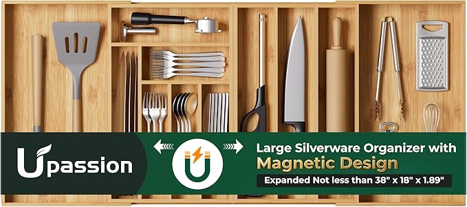 Large Silverware Organizer, 11 Slots Magnetic Connected Expandable Acacia Wood Utensil Drawer Organizer From 21 to 37.4 Inches, Adjustable Flatware and Cutlery Holder, Utensil Tray for Kitchen by Upassion