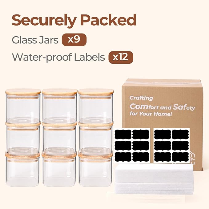 ComSaf Square Glass Containers with Lids 0.7 Qt, Set of 9 Small Galss Jars | Small Kitchen Canisters, Spice Jar, Pantry Organizers, Family Snack Station, Size For Subpackage, BPA Free, Cookie, Dry Food - Image 8