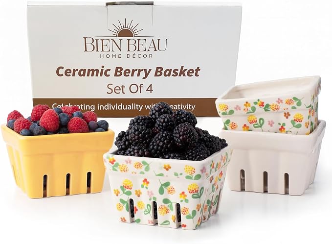 Ceramic Berry Basket Set of 4, Farmhouse Fruit Colanders | Yellow, white and floral designs, stoneware, dishwasher safe, drains and stores berries, farmhouse kitchen decor by BIENBEAU
