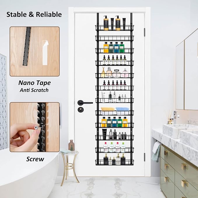 Churboro 12 Tier Over Door Pantry Organizer, 2-in-1 Adjustable Spice Rack | Pantry Door Organizers and Storage, Hanging or Wall Mount Spice Rack, Sturdy Metal Shelves with 12 Adjustable Baskets, Black - Image 5