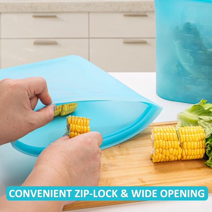 Reusable Food Storage Bags Extra Large, 0.8 Gallon/101 fl.oz/3000 ml, 4 Pack 100% Silicone Food Storage Bags Stand-Up Wide-Mouth Zip-Lock for Large Items, Freezer Microwave Oven Dishwasher Safe, Blue - Image 4