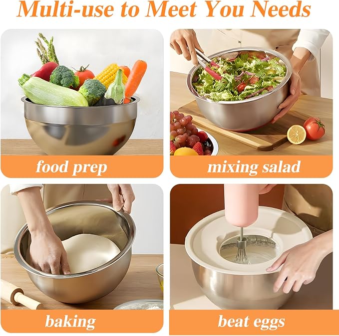 6 PCS Stainless Steel Mixing Bowls with 3 Grater Attachments, Kitchen Nesting Mixing Bowls with Lids Set and 5 PCS Fruit Storage Containers for Fridge with Colanders - Image 4