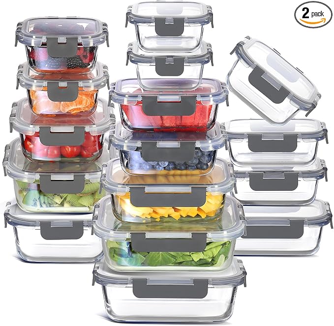 EATEX 32pc Glass Storage Containers with Lids, 16 Glass Food Storage Containers with 16 Airtight Lids for Pantry & Kitchen, Meal Prep Containers for Lunch, Oven Freezer Microwave & Dishwasher Safe by Eatex