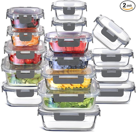 EATEX 32pc Glass Storage Containers with Lids, 16 Glass Food Storage Containers with 16 Airtight Lids for Pantry & Kitchen, Meal Prep Containers for Lunch, Oven Freezer Microwave & Dishwasher Safe by Eatex