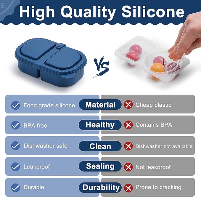 6 Pack Reusable Silicone Snack Containers with Lids, 2 Compartment Bento Snack Boxes, Leakproof Portion Control Food Containers for Fruits, Nuts, School, Office & Travel, Dishwasher Safe - Image 5