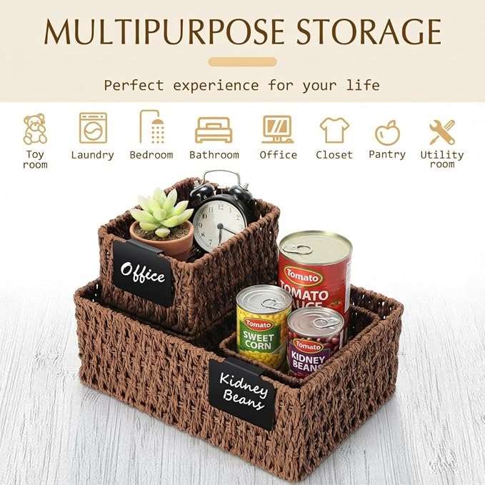 Marsui 6 Pcs Wicker Storage Baskets for Pantry Organization with Labels Handwoven Paper Rope Multi-size Brown Wicker Storage Bins for Organizing Small Baskets Container for Shelves Closet Toilet - Image 4