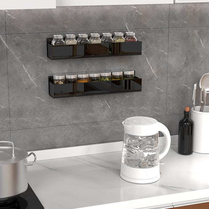 PMMASTO Adhesive Acrylic Spice Rack Organizer for Wall with Nano Double Sided Tape, Spice Shelf Organization for Kitchen Cabinet Door/Pantry Door, Wall Mount Seasoning Rack (Black-2 Pack) - Image 3