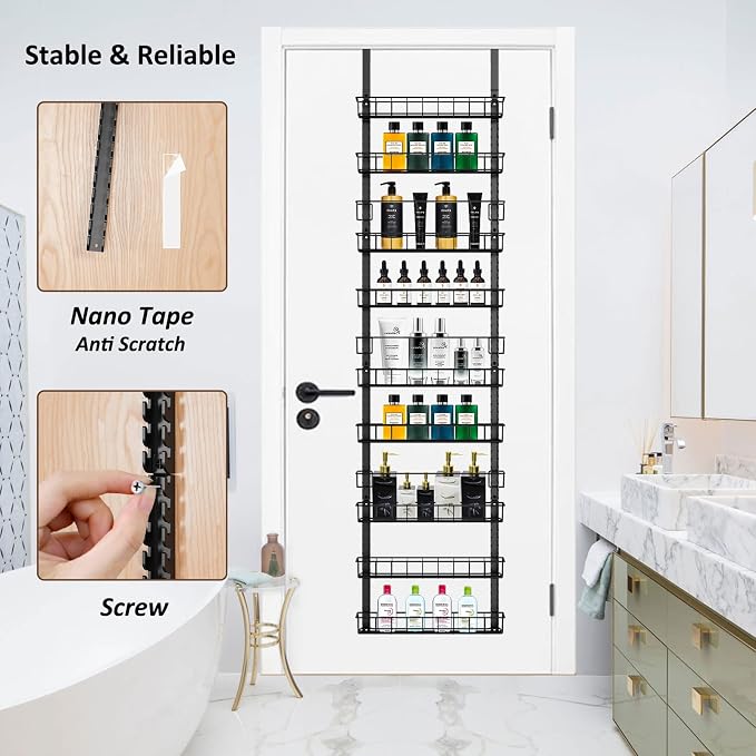 Churboro 9 Tier Over Door Pantry Organizer, 2-in-1 Adjustable Spice Rack | Metal Pantry Door Organizers and Storage, Hanging or Wall Mount Shelves with 9 Adjustable Baskets, 3 Safety Bars, Black - Image 5