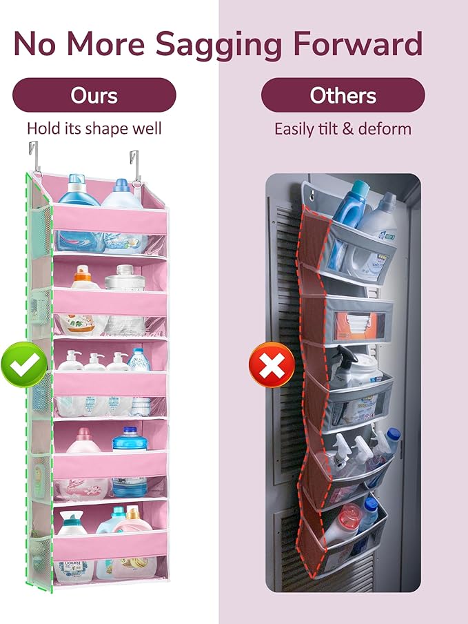 ULG 1 Pack Over Door Organizer with 5 Large Pockets 10 Mesh Side Pockets, 44 lbs Weight Capacity Hanging Storage Organizer with Clear Window Kids Toys, Shoes, Diapers, Pink - Image 6