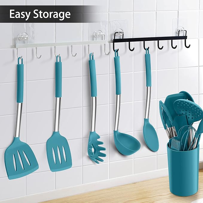 LIANYU 15-Piece Kitchen Cooking Utensils Set with Holder | Silicone Kitchen Tools Stainless Steel Handle, Slotted Spatula Spoon Turner Tong Whisk Brush for Cooking, Dark Blue - Image 7