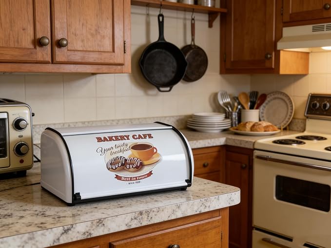 Large Metal Bread Box for Kitchen Countertop, White Roll Top Bin | Large stainless steel bread box with a smooth roll-top lid stores loaves, bagels and pastries, keeping countertop organized - Image 7