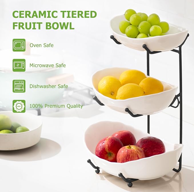 HBlife Fruit Bowl for Kitchen Counter - 3 Tier Ceramic Fruit Rack, Fruit Basket for Fresh Fruit&Veggies, Tiered Fruit Platter Serving Trays for Party - Image 3