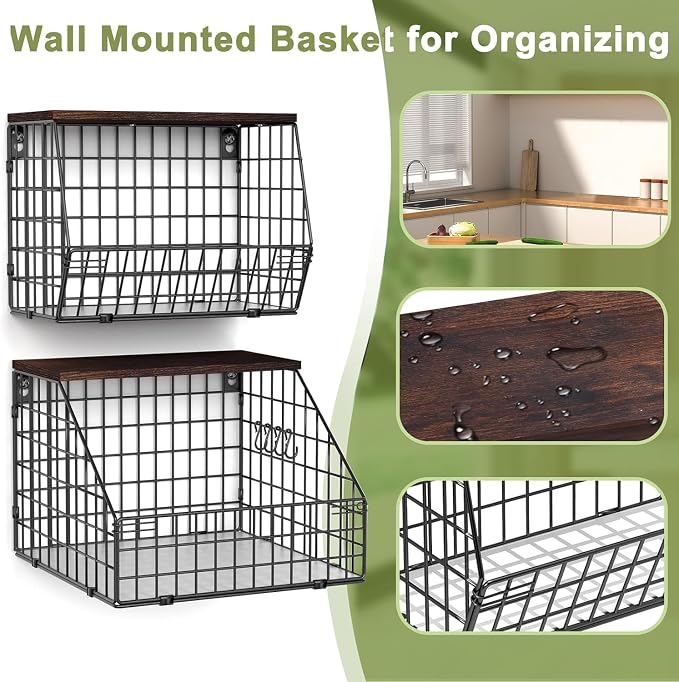 Fruit and Vegetable storage, 2 Set Wall Mounted Wire Baskets, Fruit Basket for Kitchen Counter, Hanging Fruit Basket, Potato Onion Basket, Wire Basket for Organizing, Countertop Organization Pantry - Image 2