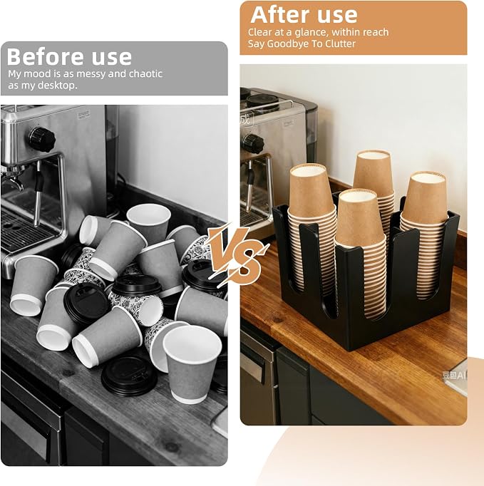 Black Commercial Cup and Lid Holder with Straw Organizer,Disposable Coffee Cup Condiment Dispenser for Countertop Org, Bar, Beverage Cup, Kitchen, Breakroom 8.66"x8.66"x7.87" (Square cup holder) - Image 4