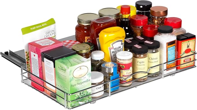 Pull-Out Cabinet Spice Rack Organizer, 20 ⅜"W x 10 ⅜"D x 2 ¾"H | Slim Slide-Out Storage for Spices, Bottles & Jars, Premium Heavy-Duty Steel, Easy Install for Narrow Kitchen Cabinets, Chrome by HOLDN%E2%80%99STORAGE