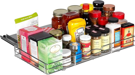 Pull-Out Cabinet Spice Rack Organizer, 20 ⅜"W x 10 ⅜"D x 2 ¾"H | Slim Slide-Out Storage for Spices, Bottles & Jars, Premium Heavy-Duty Steel, Easy Install for Narrow Kitchen Cabinets, Chrome by HOLDN%E2%80%99STORAGE