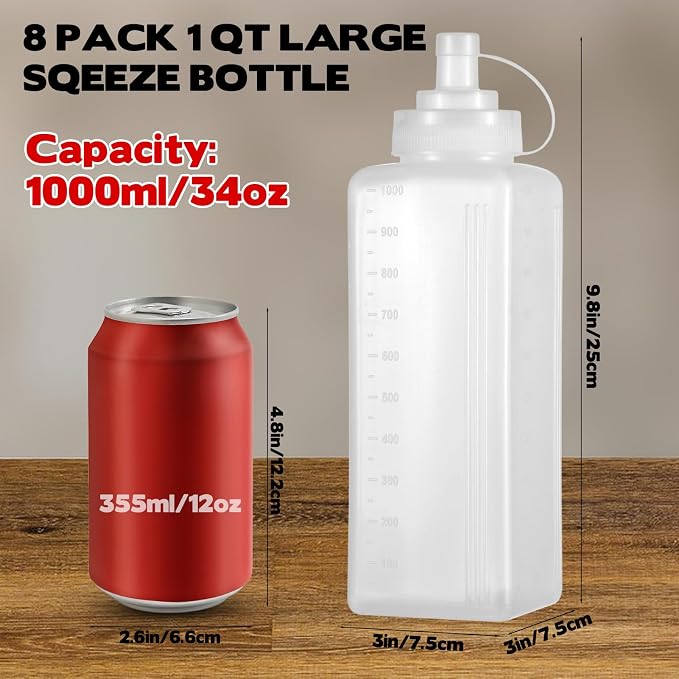 8 Pack 1 QT Large Condiment Squeeze Bottle for Sauses, 34oz Wide Mouth Liquids Dispenser Bottles with Lid, For Ketchup, Taco, Marinara, Pasta, BBQ, Spaghetti, Tomato Sauce, Restaurant-Grade Design - Image 4