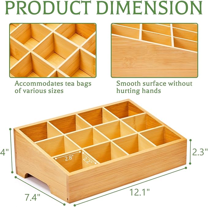 TIMIEEYA Tea Bag Organizer - Bamboo Tea Storage Organizer With 12 Compartments, 1 Layer Tea Organizer for Tea Bags Natural Bamboo for Countertop Office Kitchen Cabinet Pantry - Image 2