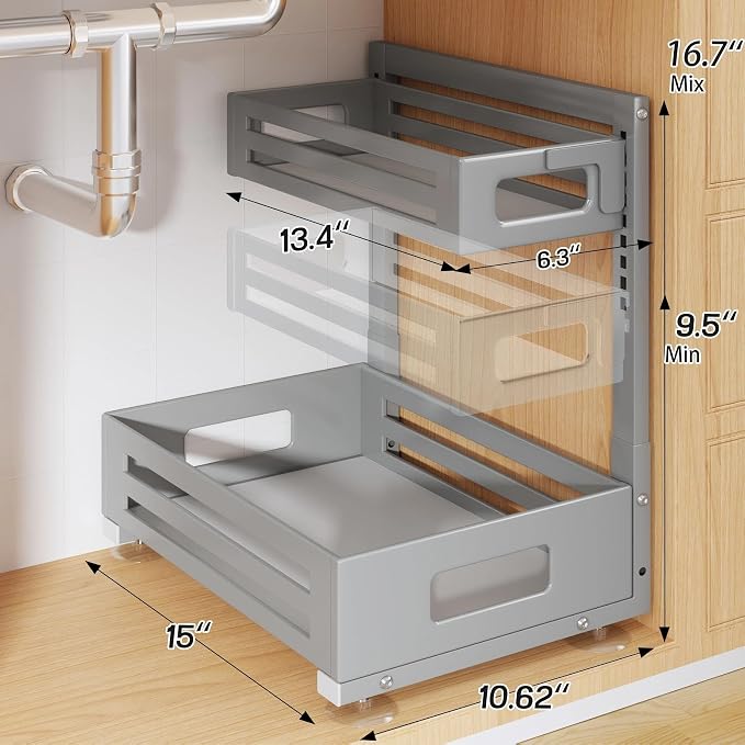 2 Pack Under Sink Organizer,Pull Out Cabinet Organizer With Smooth Cylindrical Rail,Metal Slide Out Drawer for Kitchen Bathroom Laundry Cabinet,8-Level Tool Free Height Adjustable-Gun Gray - Image 2