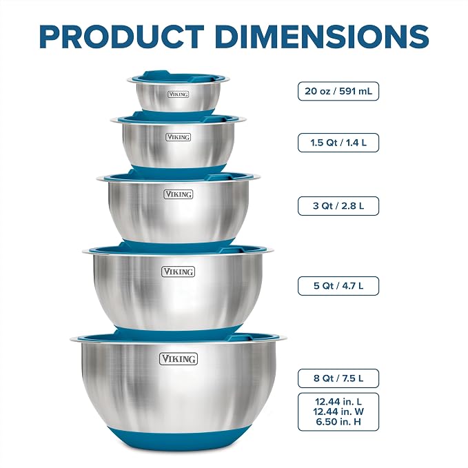 Viking Mixing Bowls Set, 10 Piece Stainless Steel Kitchen Cookware, Non-Slip Silicone Base, Includes Tight Fit Lids, Dishwasher Safe, Teal - Image 5