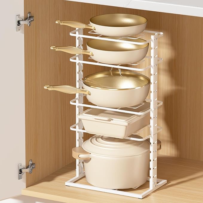 LAMU Pots and Pans Organizer Under Cabinet, 5 -Tier Dual-Pillar Design | Adjustable All-Metal Rack Stores Pots, Pans And Lids in Cabinets, on Countertops or Under Sinks, Holding Up to 55 Lb White - Image 8