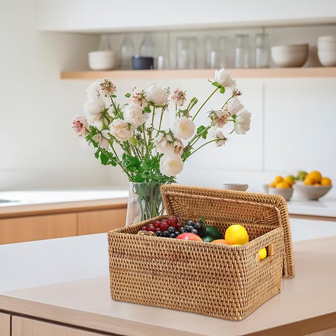 Hipiwe Wicker Storage Bin with Lid & Handle Handwoven Rattan Shelf Baskets | Rectangular Decorative Baskets Box Household Basket Boxes for Home Organizing,13.2"Lx10.2"Wx6.7"H - Image 3