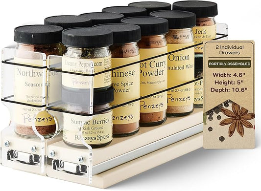 Narrow Pullout Spice Rack - Sliding Drawer for Kitchen Organization - Pantry Organizers and Storage - 2 Drawers - 10 Spice Jar Capacity (4.6" W x 5.0" H x 10.6" D, Cream) by VerticalSpice