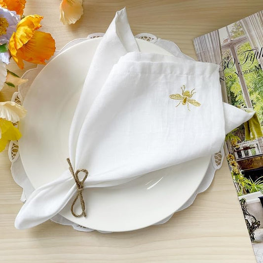 DerF HOME Embroidered Linen Napkins, White, 18x18 Inch, Set of 4 | 100% Pure Linen Cloth Dinner Napkins with Elegant Embroidery, Reusable Washable Table Napkins for Wedding, Party & Home Decor by DERFHOME