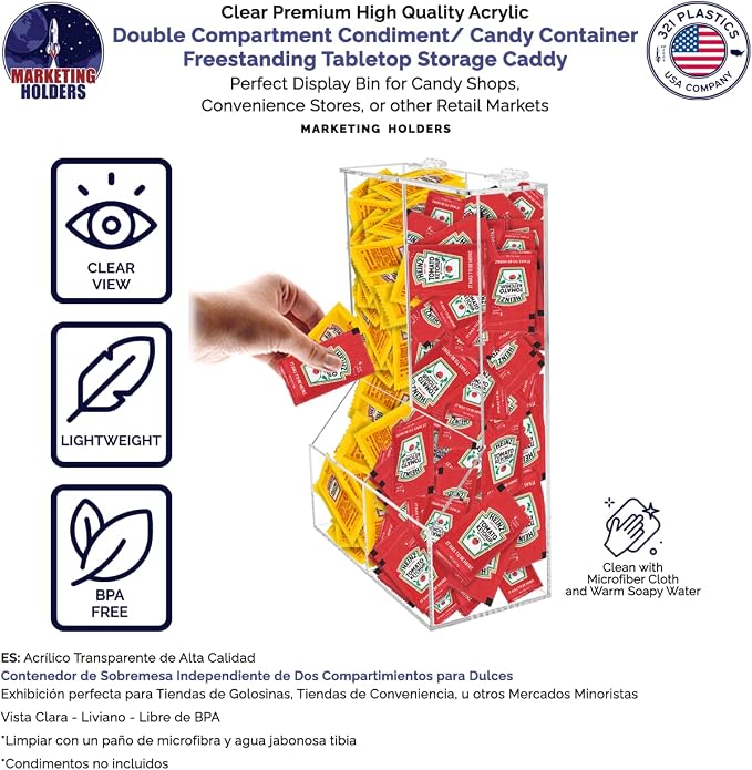Marketing Holders Divided Condiment Bin with Lid 2 Compartment Sugar Packets or Wrapped Candy Caddy Clear Acrylic 8.5" x 12" Tabletop Organizer for Bakeries and Restaurants - Image 5