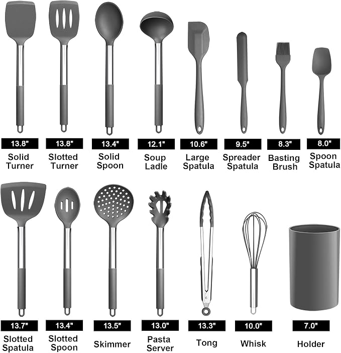LIANYU 15-Piece Cooking Kitchen Utensils Set with Holder | Silicone Kitchen Tools Stainless Steel Handle, Slotted Spatula Spoon Turner Tong Whisk Brush for Cooking, Gray - Image 2