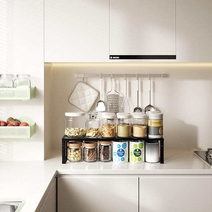 Expandable,Adjustable & Stackable Spice Rack, Cabinet Kitchen Countertop Shelf Organizer,Metal Pantry Storage Shelves - Space-Saving Storage Solution(1Pack/Black/Medium) - Image 2
