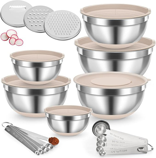 7QT 23PCS Mixing Bowls with Airtight Lid Set, Stainless Steel Nesting Bowls with 3 Graters, Non-Slip Base, Large Prep Bowls 7, 3.5, 2.5, 2, 1.4, 1QT & 14 Measuring Spoons Great for Baking, Serving by YUNNKEEY