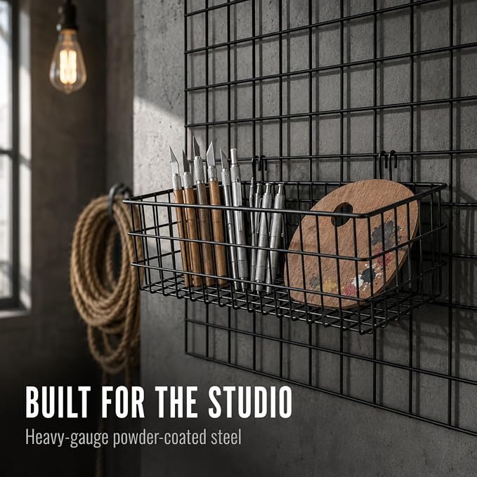 Hanging Wall Baskets, 2 Pack 15.7 in Metal Wire Storage, Black | Suits grid panels spaced one to two inches, sturdy organizer for garage, craft room, kitchen & pantry, panel not included - Image 7
