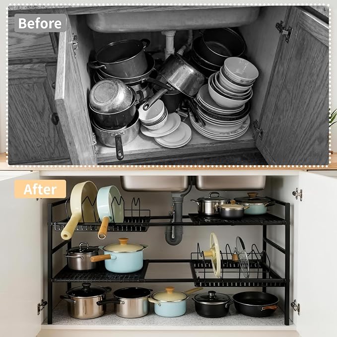 Pots and Pans Organizer Under Cabinet, Expandable Pots Organizers Inside Cabinet, Adjustable Height Under Sink Shelf 2 Tier with 10 Dividers Under Cabinet Shelf, Pot and Pan Lid Holder Rack (Black) - Image 3
