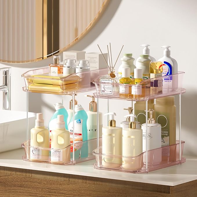 Delamu 2-Tier Under Sink Organizers and Storage, Multi-Purpose Stackable Bathroom Cabinet organizers, Pull Out Kitchen Pantry Organization and Storage with Dividers(2 Pack, Pink) - Image 6