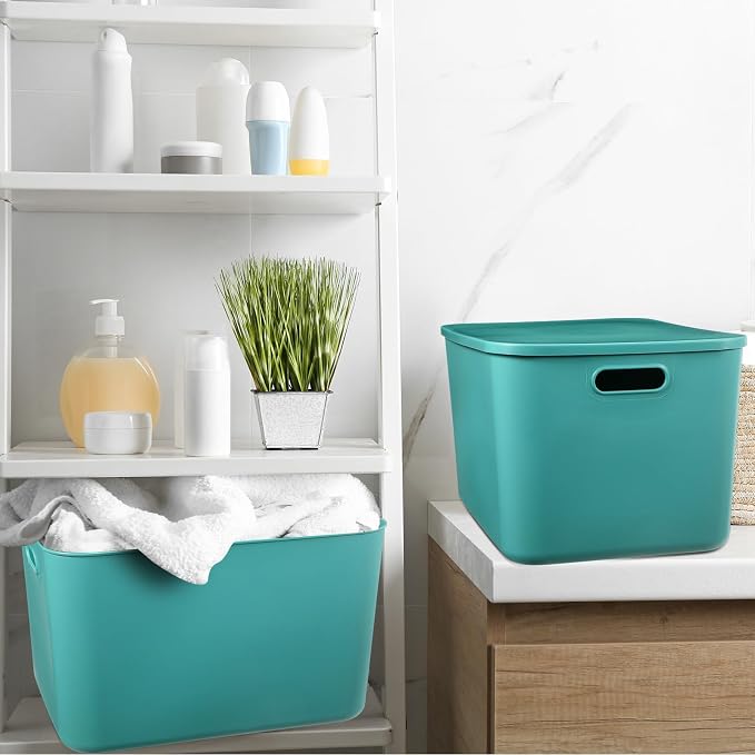 8 Pieces Colorful Storage Bins with Lid, Plastic Storage Basket Organizing Container Stackable Box with Handle for Shelves Desktop Playroom Office(16.1 x 12.0 x 9.7 Inch,Green) - Image 5
