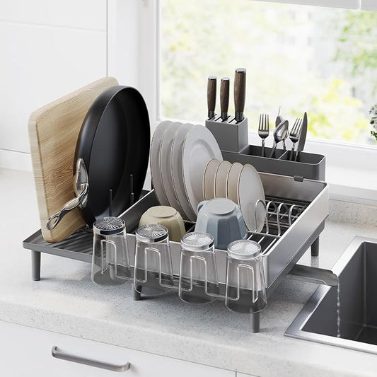 SONGMICS Large Dish Drying Rack, Expandable Dish Dryer for Kitchen Counter, Stainless Steel Dish Rack with Rotatable Spout, Utensil, Cup, Glass, Cutting Board, Pan Holders, Silver and Gray UKCS037G01 by Unknown