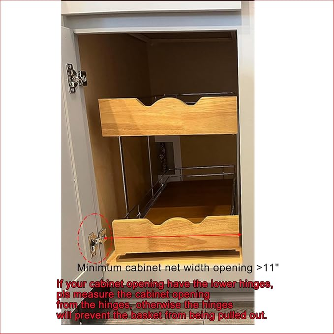 DINDON 2 Tier Pull Out Cabinet Organizer (11" W x 21" D) Slide Out Wood Shelf Organizers Double Tier Kitchen Wire Basket with Chrome Finish… - Image 3