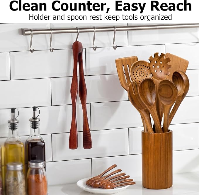 Wooden Spoons for Cooking, 16-Piece Wood Kitchen Utensil Set with Holder, Nonstick Safe Wooden Spatulas and Spoons, Smooth Cooking Utensils for Everyday Meals (A16) - Image 7