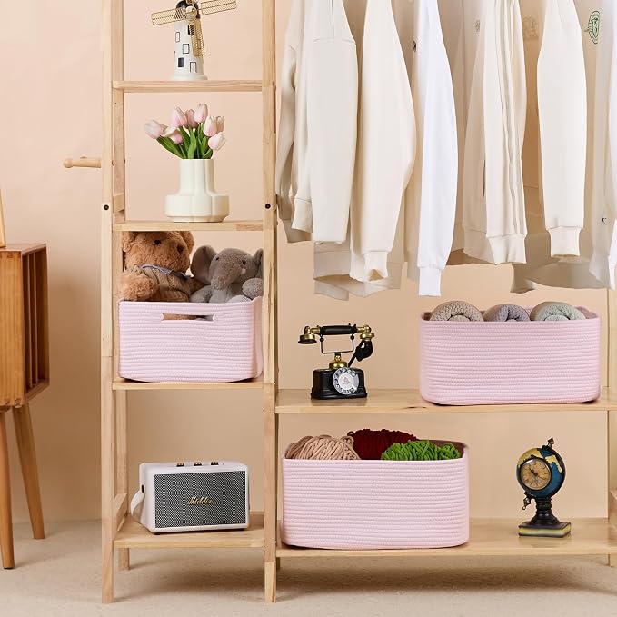 MiniArk Large Storage Baskets for Shelves, 17 x 13 x 7.5” Closet Organizers Bins for Clothes Blanket Towels, Baby Nursery, Toy Baskets Box, Woven Rope Baskets, 2 Packs Light Pink - Image 3