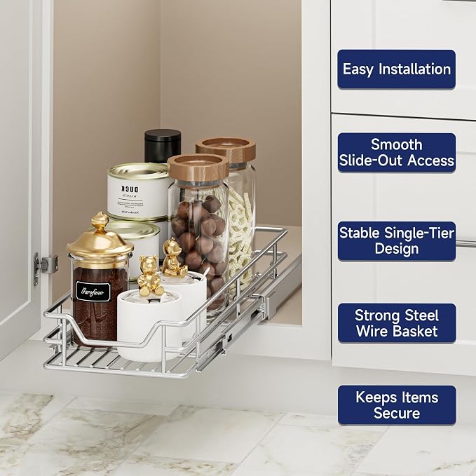 Pull Out Cabinet Organizer, 5.5" W x 21.5" D, Heavy Duty Chrome Slide Out Shelf for Narrow Base Cabinets, Sliding Wire Basket Drawer for Spices, Bottles, Snacks & Cleaning Supplies - Image 4