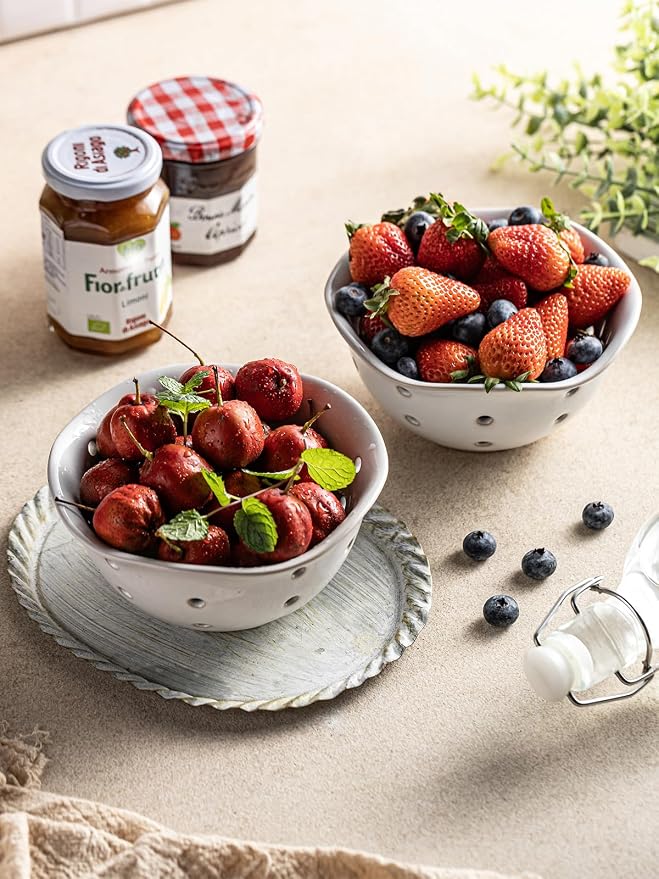 Gomakren Ceramic Berry Basket Set of 2, Elegant Fruit Basket Container 6 Inch, Fruit Bowl with Holes for Kitchen Counter, Berries, Strawberry, Grape, Cherry, Floral Shape - White - Image 6