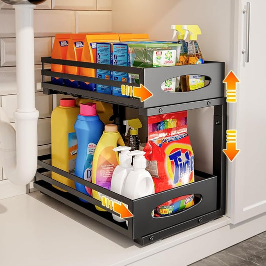 Under Sink Organizer, 2 Tier Under Sink Organizers and Storage, Adjustable Height, Slide out Metal Cabinet Organizers, Pull out Cabinet Storage Drawer Shelf for Kitchen Bathroom (Black, 1 Pack) by MIXESHOP