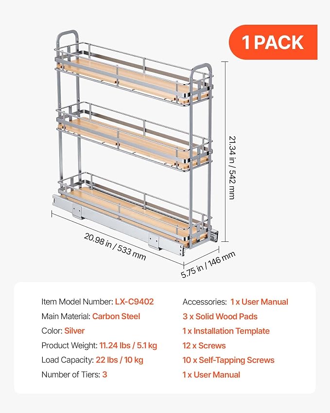 VEVOR Pull Out Spice Rack Organizer for Cabinet, 3 Tier Slide Out Spice Rack Organizer, Height Adjustable Heavy Duty Metal Seasoning Kitchen Basket for Cabinets, 5.75" W x 20.98" D x 21.34" H, Silver - Image 7